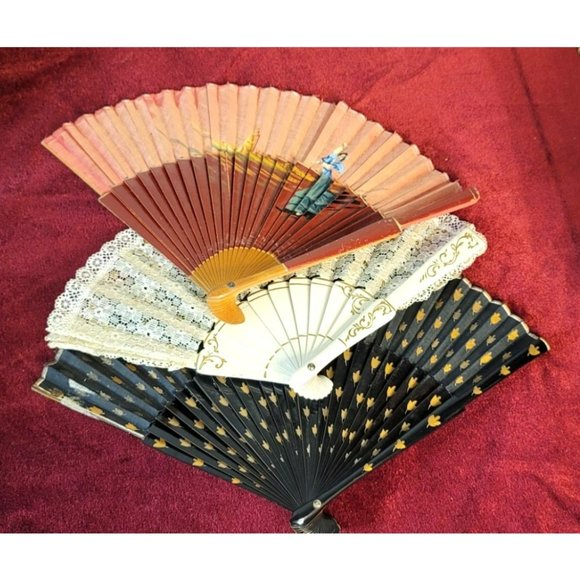 Spanish Hand Fans Lace and Paper, Painted and Decorative Vintage Set of 3 CT336 - Picture 2 of 16